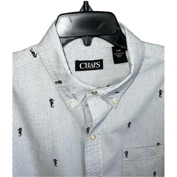 Chaps Shirt Men’s Size L White Black Checks Seahorses Button Front Short Sleeve - Picture 3 of 6